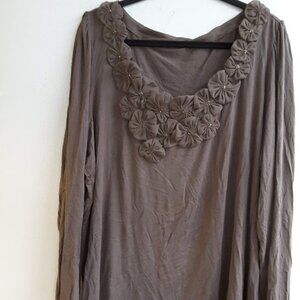 Soft Brown long sleeve blouse with flowers around neckline
